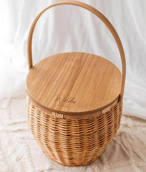 Willow Picnic Basket with wooden cheeseboard style lid by Wilder The Label